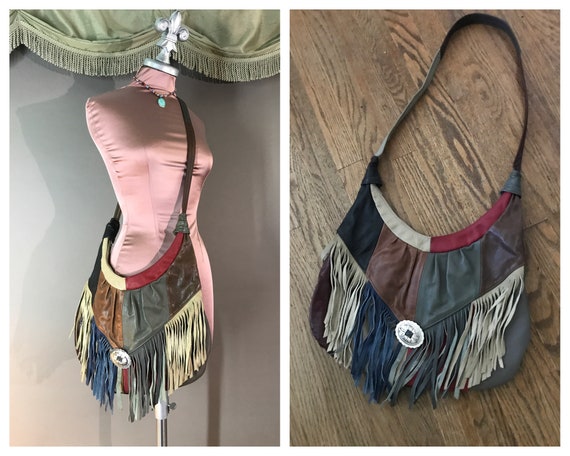 1980s purse 80s LEATHER FRINGE PATCHWORK multicolo