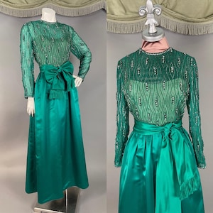 1960s dress vintage 60s GREEN BEADED SATIN chiffon designer Victoria Royal gown