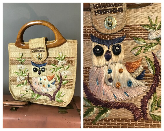 1970s purse 70s NOVELTY OWL RAFFIA Whidby straw wo