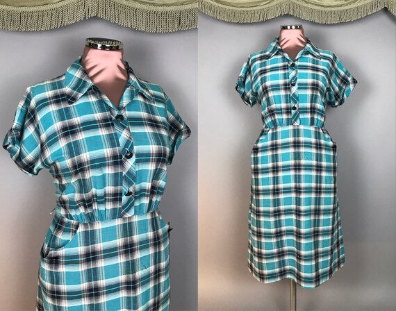 1950s dress vintage 50s TURQUOISE BLUE BLACK plaid