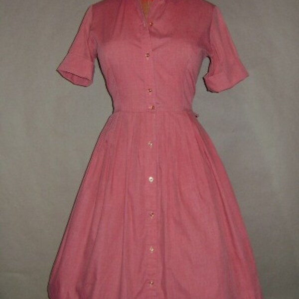 60s dress vintage 1960s 50s 1950s RED COTTON SHIRTWAIST chambray look full skirt dress