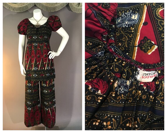 1960s mini dress w pants vintage 70s BATIK BORDER