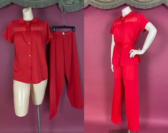 1960s pajamas vintage 60s RED NYLON EMBROIDERY pants 2pc set