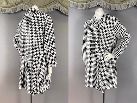 1960s coat vintage 60s BLACK WHITE MOD pleat back houndstooth drop waist