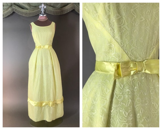 1960s dress 60s PASTEL YELLOW CHIFFON lace bow we… - image 1