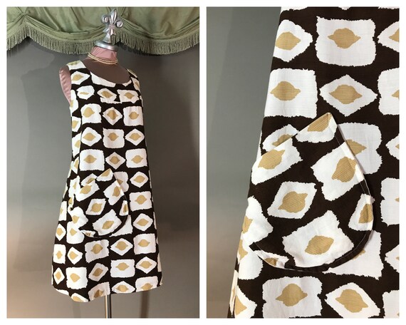 1960s dress 60s vintage BROWN PRINT TRAPEZE abstra