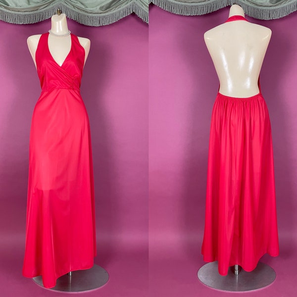 Vintage 1970s 60s slip dress nightgown RED HALTER backless nylon night maxi gown