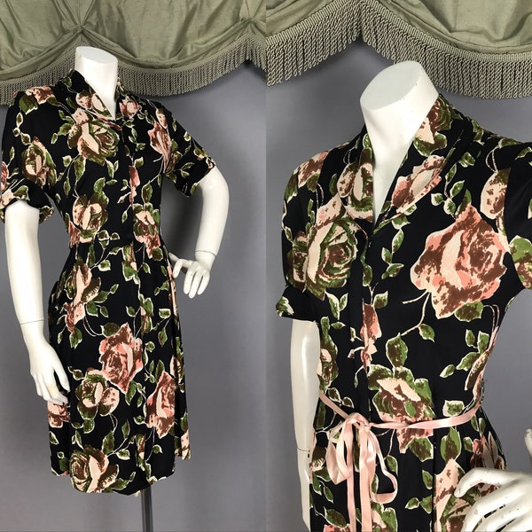 1940s dress vintage 40s RAYON JERSEY ROSES pink black green dark floral