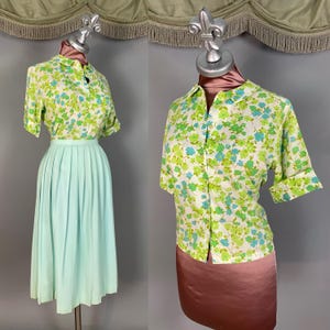 1960s dress set vintage 60s MINT AQUA GREEN floral print skirt and shirt 2pc