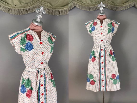 1940s dress vintage 40s COLORFUL FRUIT PRINT whit… - image 1