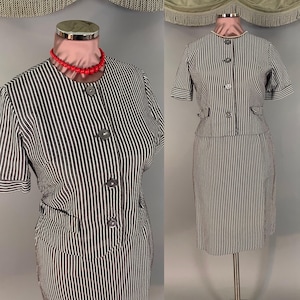 1960s suit vintage 60s GRAY WHITE STRIPE seersucker plisse plus size summer 2pc skirt jacket set