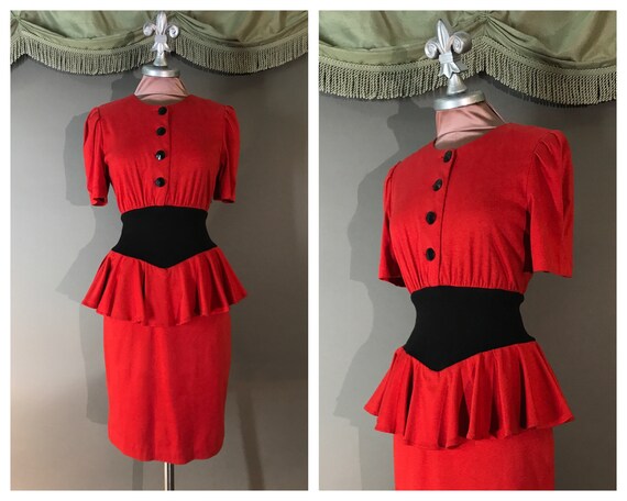 1980s dress vintage 80s RED BLACK PEPLUM puff slee