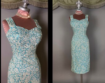 1950s dress vintage 50s RHINESTONE COVERED turquoise white print linen bombshell
