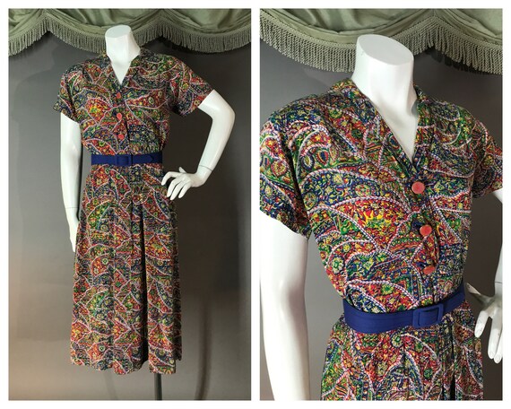 1940s dress vintage 40s RED SILK PRINT novelty Per