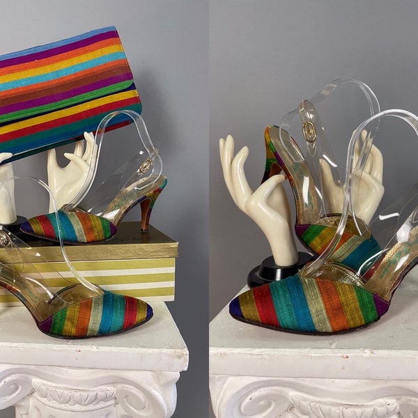 7.5 N Vintage designer RAINBOW STRIPE SHOES purse set 70s 80s