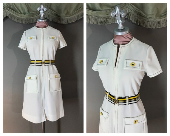 1960s dress 60s vintage BLUE YELLOW WHITE zipper f