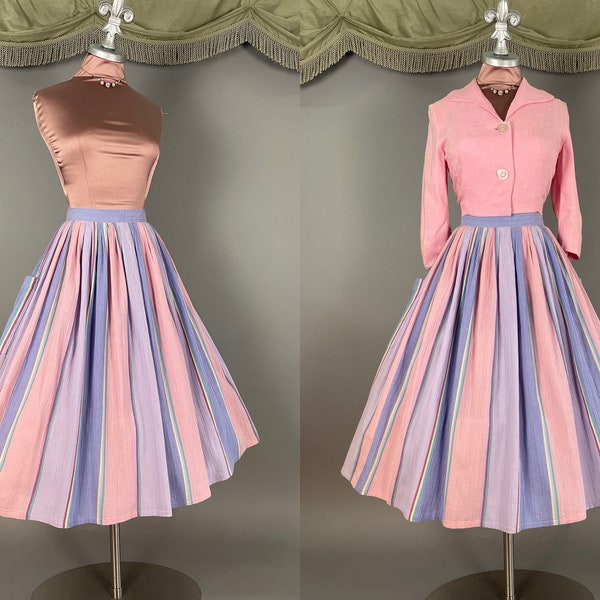 1950s dress set vintage 50s PASTEL RAINBOW STRIPE cotton skirt and shirt 2pc