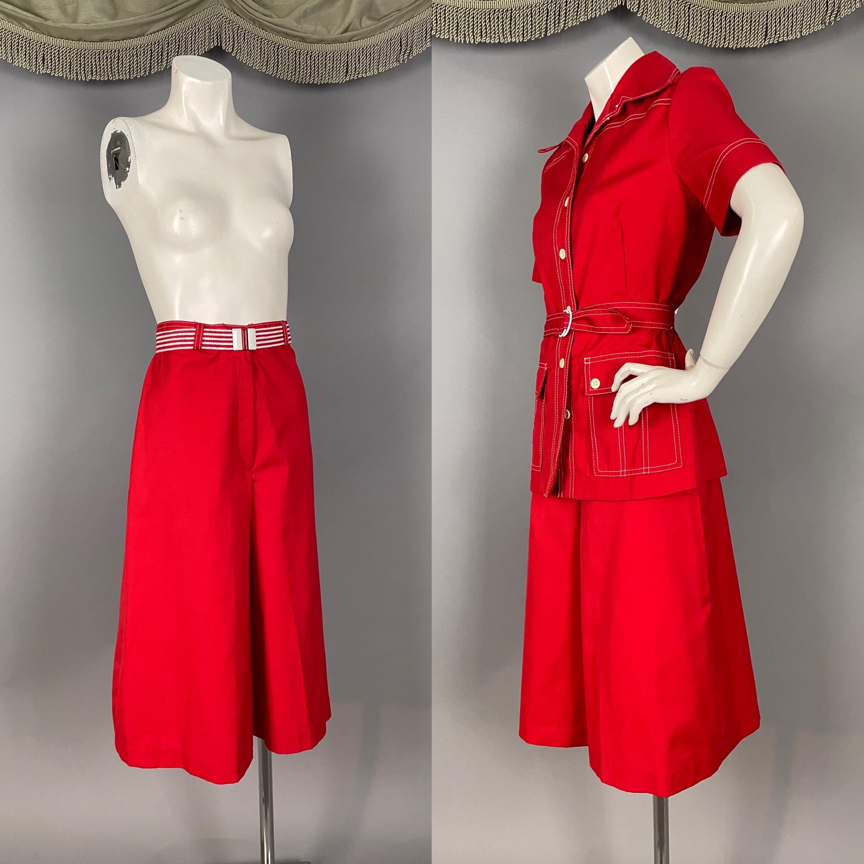 1970s suit vintage 70s RED TOPSTITCH CULOTTES split skirt pants jacket 2pc set