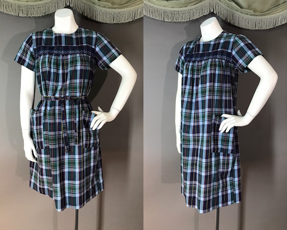 1960s dress 60s vintage SMOCKED BLUE PLAID pockets