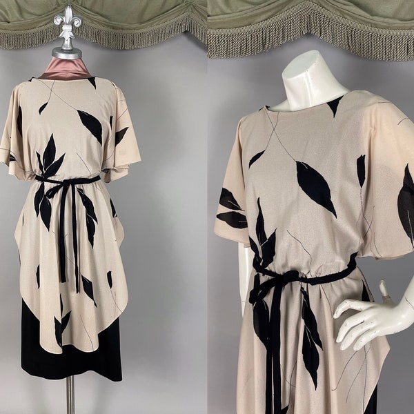 1970s dress vintage 70s BOLD LEAVES BLACK tan bamboo