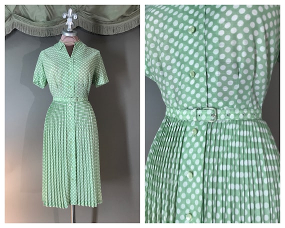 1960s dress 50s vintage MINT GREEN POLKA dots whit