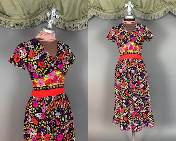 1960s dress vintage 60s DAYGLO FLORAL bright bord… - image 1