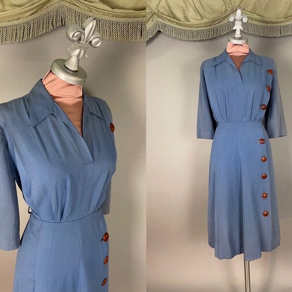 1940s dress vintage 40s Betty Hartford BLUE WOOD BUTTON Gabardine shirtwaist dress