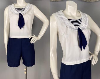 1960s Sailor Collar Shorts Set: Vintage Navy Blue Nautical 2-Piece