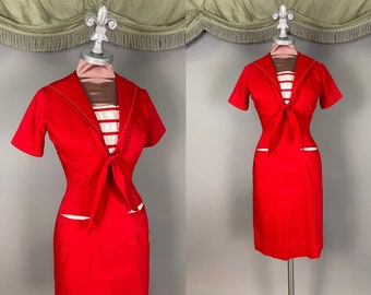 Robe des années 50, début des années 60, ROUGE BLANC SAILOR sablier en coton