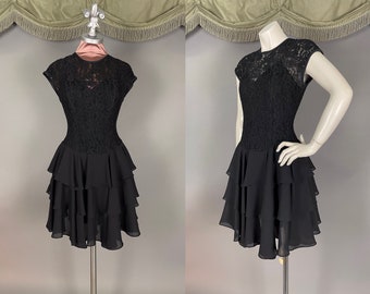 1980s dress vintage BLACK LACE CHIFFON sweetheart fit flare party cocktail