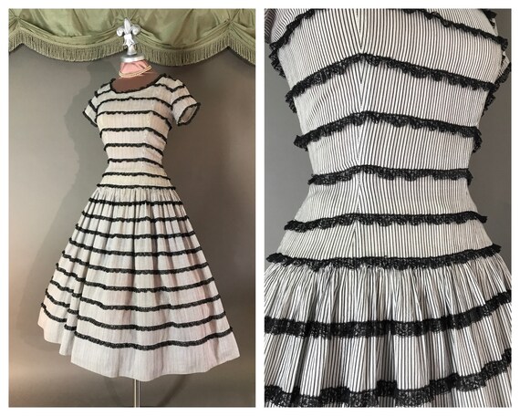 1950s dress vintage 50s BLACK LACE WHITE cotton fu