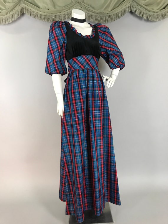 1970s dress vintage 70s PLAID TAFFETA VELVET blac… - image 6