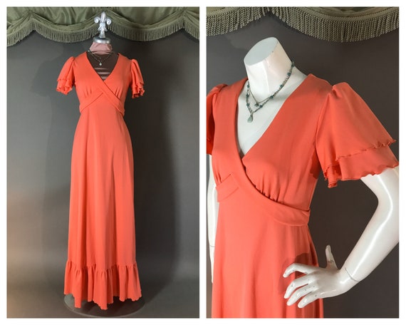 1970s dress vintage 70s CORAL SALMON RUFFLE Angel