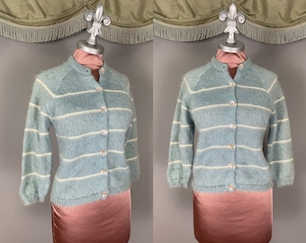 1960s sweater vintage 60s BABY BLUE MOHAIR wool stripe cardigan