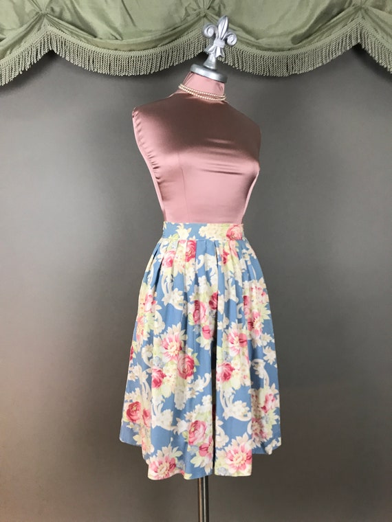 1980s skirt vintage 80s does 40s PINK ROSES RAYON… - image 3