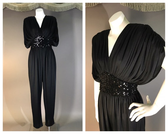 1970s jumpsuit vintage 70s BLACK JERSEY SEQUIN dra