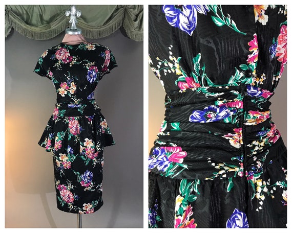 1980s dress 80s does 40s BLACK FLORAL PEPLUM hourg