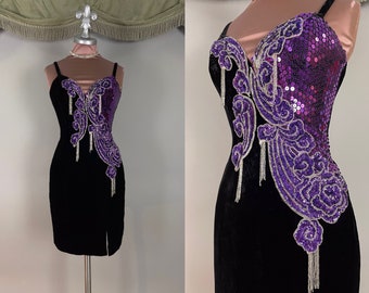 1980s dress vintage 80s PURPLE BEADED SEQUIN black velvet hourglass cocktail party dress