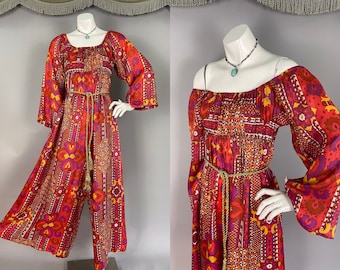 1970s jumpsuit vintage 60s MAGIC CARPET PRINT wide leg pants peasant top