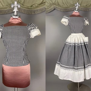 1950s dress set vintage 50s BLACK WHITE GINGHAM cotton print skirt and shirt 2pc