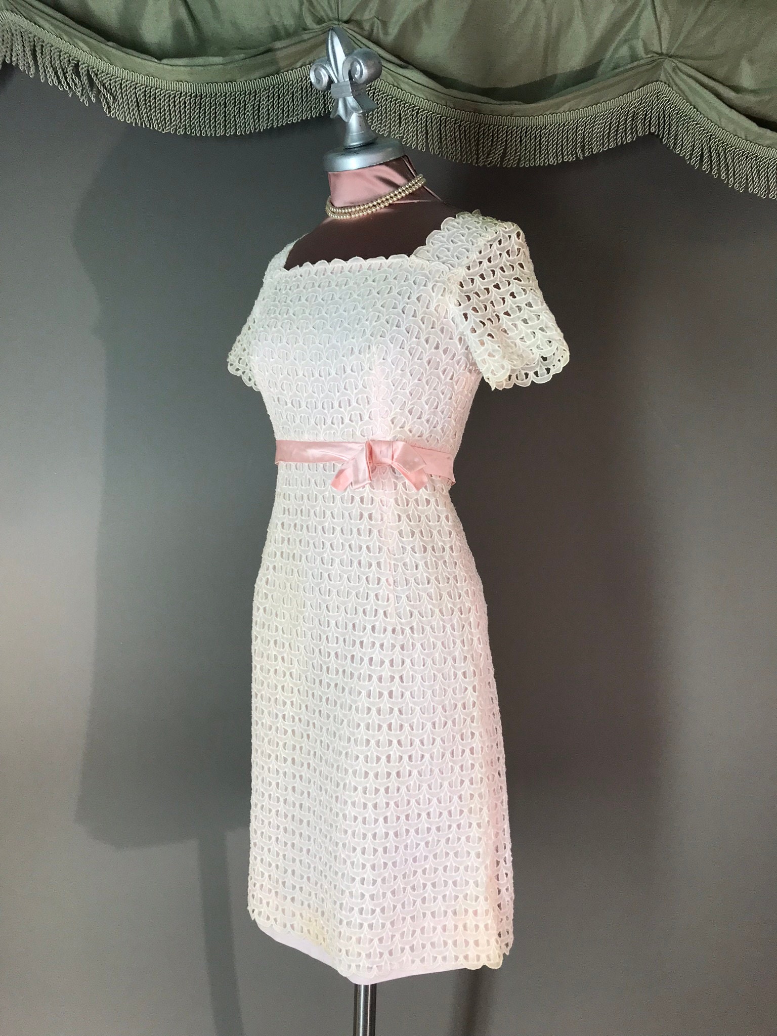 60s dress 1960s vintage PINK WHITE EYELET satin bow part | Etsy