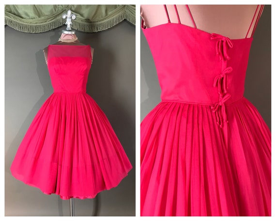 1950s dress vintage 50s PINK CHIFFON raspberry hot