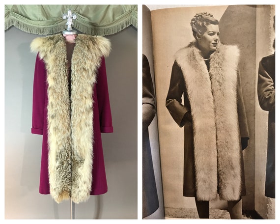 1940s coat 40s Vintage RASPBERRY WINE RED fur coll