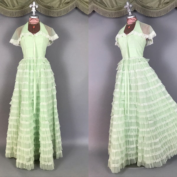 1960s dress vintage 60s GREEN MINT CHIFFON ruffles cupcake lace maxi