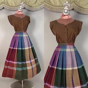 1950s AUTUMN JEWEL PLAID set vintage cotton 50s brown shirt full skirt