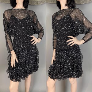 1980s dress vintage 80s BLACK POLKA DOT ruffle drop waist dolman sleeve
