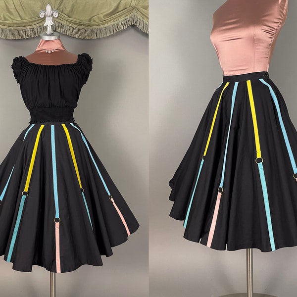 40 dollar SUMMER SALE 1950s skirt vintage 50s black Pastel rainbow ribbon buckle full circle fit flare