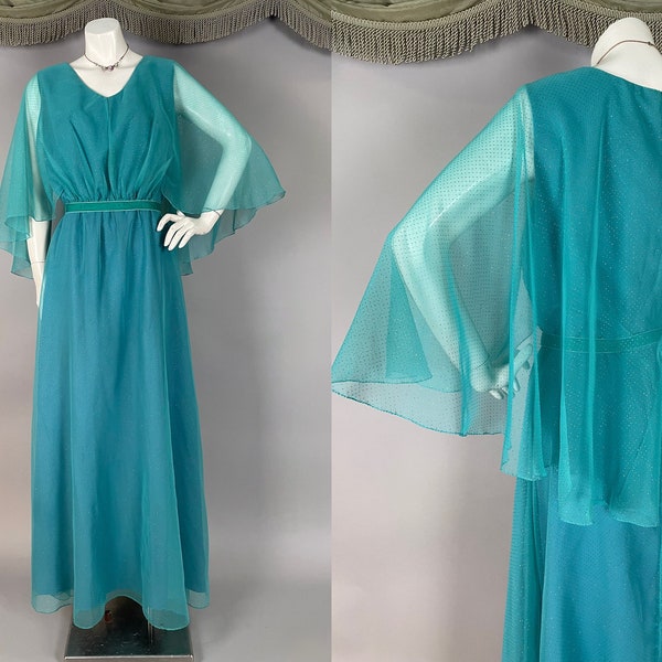1970s party dress vintage 70s aqua turquoise GLITTER sheer chiffon flare caped cocktail maxi gown