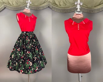 1950s dress set vintage 50s RED BLACK FLORAL cotton print skirt and shirt 2pc