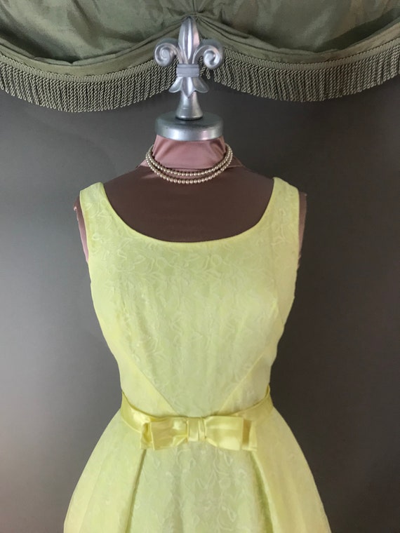 1960s dress 60s PASTEL YELLOW CHIFFON lace bow we… - image 4